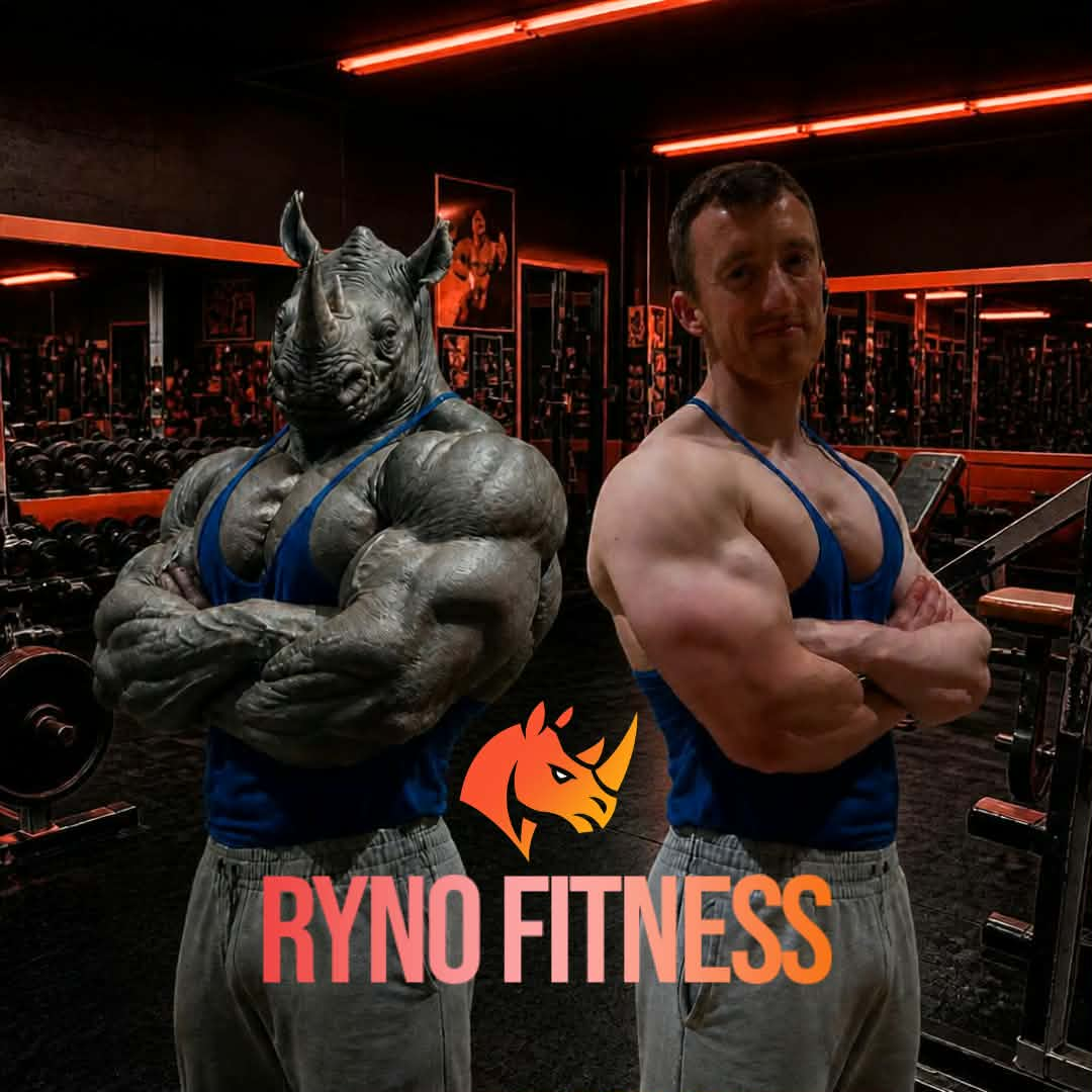 Ryan alongside a rhino character in a Ryno Fitness gym artwork